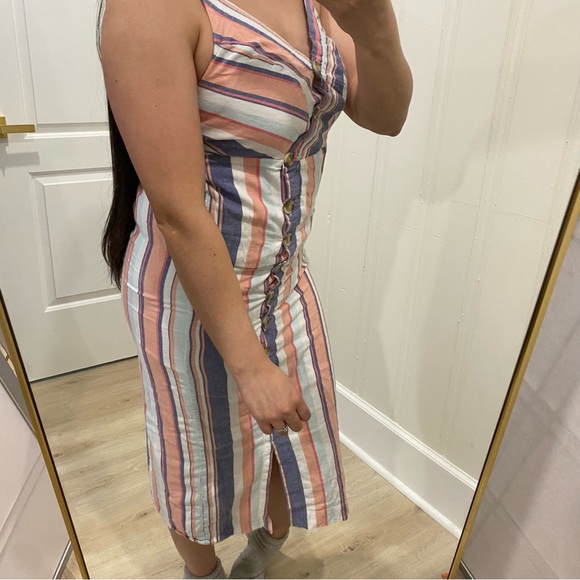 Linen Midi dress casual spring summer dress slip on striped - Picture 7 of 8